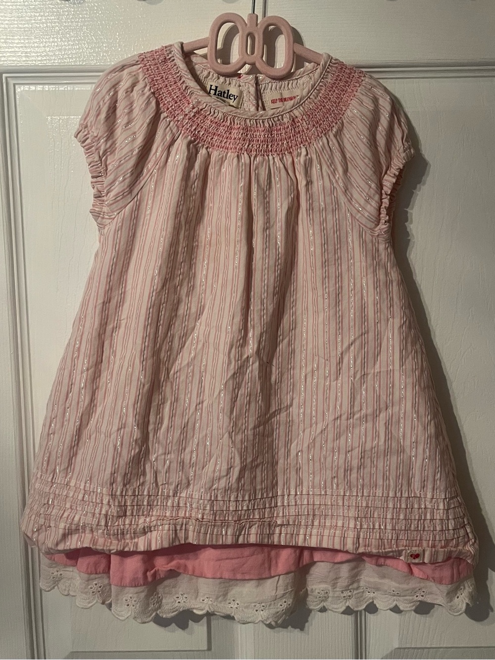 Hatley Girls Pink Smocked Stripe Dress Size 4 Cotton Eyelet Hem